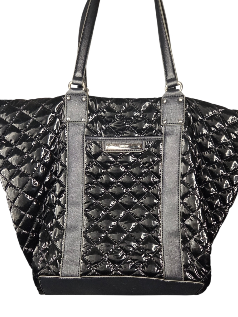 Nine West Black Quilted Patent Tote Bag Cheetah Print Inside